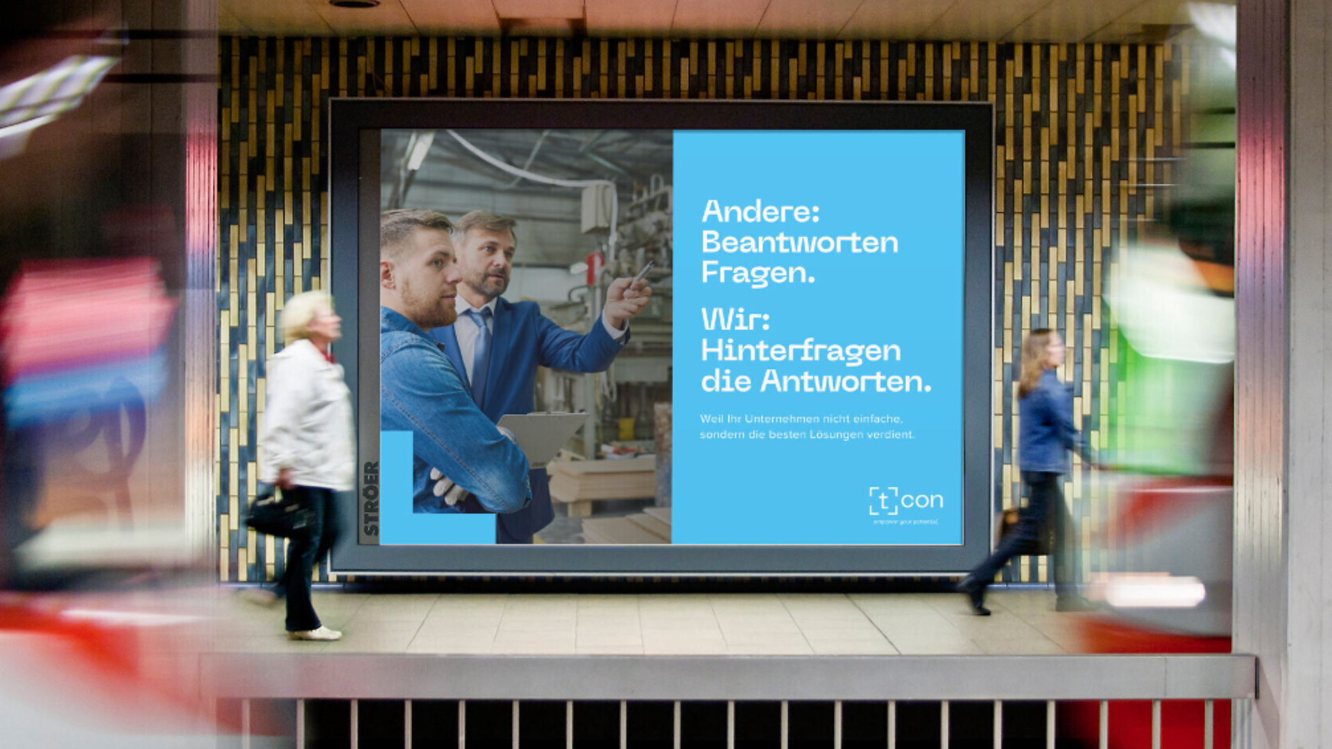 t.con Out-of-Home-Plakat „Antworten" — Kampagne im neuen Markenauftritt